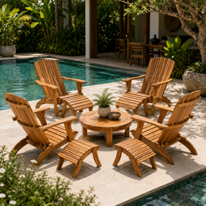 Ensemble de chaises longues d'extérieur en teck massif de qualité supérieure avec ottoman, meubles de luxe pour piscine, patio, jardin, hôtel, resort - Product Image 1