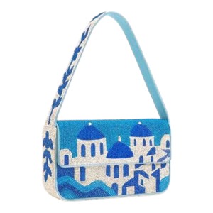 Sac à bandoulière perlé fait main pour femme, brodé thème vague turquoise, pochette de soirée avec poignée - Product Image 4