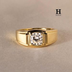 Men's Cushion Cut Lab Grown Diamond Signet <b>Ring</b> 14K Yellow <b>Gold</b> Bezel <b>Set</b> Solitaire Engagement Band - Product Image 5