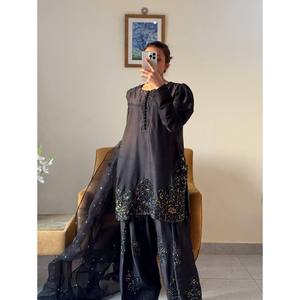 ND Designer Women's Black Top-Bottom and Dupatta <b>Set</b> with <b>Embroidery</b> Sequence Work Size L - Product Image 1