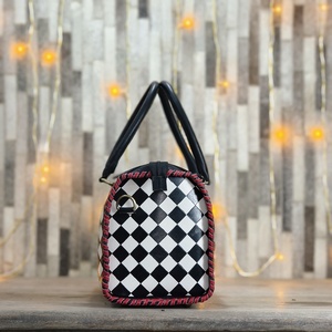 New <b>Top</b> Selling Personalized Black White <b>Checkered</b> Genuine Leather Cherry Design Women Fashion Weekender Duffle High Quality - Product Image 4