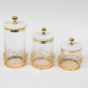 <b>Set</b> of Three Different Size Sweets Box Exclusive Quality Metal And Glass Dessert Sweets <b>Jar</b> With Marble Lid - Product Image 1