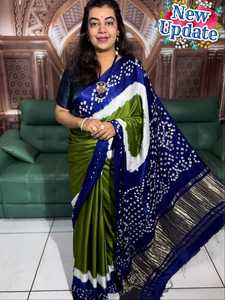 Sari en soie traditionnel indien pour femmes avec imprimé bleu, vert et blanc, design long jusqu'au sol, pour Diwali, toutes saisons - Product Image 1