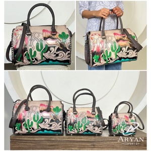 Large Capacity Handcrafted Genuine <b>Leather</b> Cactus Designer Travel Duffel Bags Wholesale Western Style Unisex Weekender Bags - Product Image 1