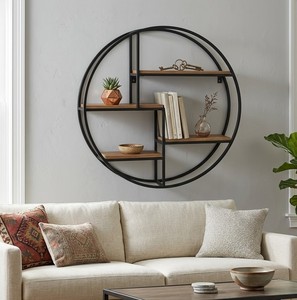 Étagère murale ronde moderne avec cadre en métal, étagère flottante industrielle pour le rangement dans le salon, la chambre à coucher, décoration de meubles - Product Image 3