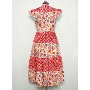 Robe longue évasée décontractée pour femme, en coton à imprimé floral, col mandarin, taille naturelle, manches courtes, imprimée à la main au bloc, vente en gros - Product Image 3