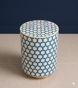 Tabouret géométrique en os incrusté, table d'appoint ronde, ottoman en bois pour salon, chambre, hôtel - Product Image 2