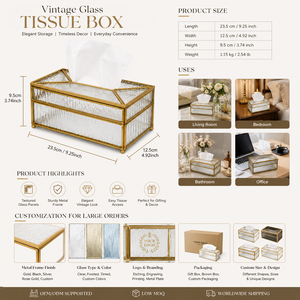 Vintage Textured Glass Tissue Box Holder <b>Antique</b> Gold Metal <b>Frame</b> Luxury Decorative Tissue Case for Home Hotel Vanity Table Deco - Product Image 2