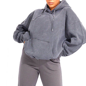 Hoodies décontractés vintage personnalisés pour femmes, à manches longues, épaules tombantes, couleur unie, en molleton épais, effet délavé à l'acide - Product Image 2