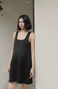 Square Neck Summer Mini Loose Waist Silk Blend 8% Spandex Buttons Breathable Side Slit Front Logo Casual <b>Dresses</b> - Product Image 2