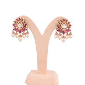 Collier et boucles d'oreilles sertis de diamants CVD cultivés en laboratoire Polki et rubis, or jaune 14 carats, bijoux de luxe certifiés, cadeau de fiançailles - Product Image 2