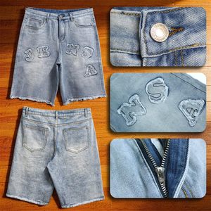 Shorts Bermuda en jean pour homme, motif lettres brodées, taille mi-haute, fermeture élastique, tenue décontractée d'été - Product Image 6