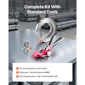 Kit di Imballaggio per Pallet Resistente con Cinghie in Acciaio da 30 Metri, Strumento Manuale per Imballaggio con 100 Fermagli Metallici e Cinghie di Fissaggio - Product Image 2