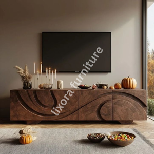 Luxury Handcrafted Solid Wood Media Console Ornate Abstract Wave Carving Walnut <b>TV</b> <b>Stand</b> Credenza - Product Image 5
