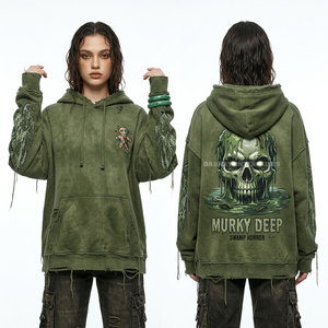 Olive Green Murky Deep Swamp Horror Skull Hoodie <b>Slime</b> Graphic Print Distressed Oversized Hooded Sweatshirt Bulk Supply Custom - Product Image 1