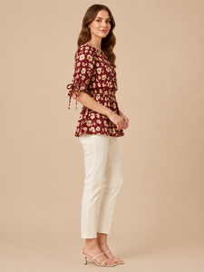 Wholesale Premium Maroon Color Floral Print <b>Top</b> O <b>Neck</b> Half Sleeve <b>Tie</b> Cuff Smocked Waist Casual Summer Daily Wear Crop <b>Top</b> - Product Image 2