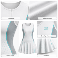 Vestido de tenis personalizado para mujer, color blanco, gris acuático, sin mangas, con media cremallera, de secado rápido, uniforme deportivo con falda acampanada y paneles de malla