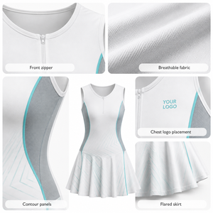 White Aqua Grey Custom Women Tennis Dress Sleeveless Half Zip Quick Dry Athletic Uniform with Flared <b>Skirt</b> and <b>Mesh</b> Panels - Product Image 2