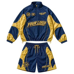 Men's Custom Patchwork <b>Nylon</b> Windbreaker Hoodie and <b>Shorts</b> Lightweight Streetwear Set for Independent Clothing Brands - Product Image 3