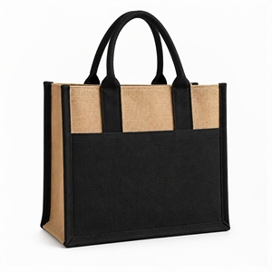 Sac fourre-tout en jute naturel grande capacité, noir avec bordure contrastante, écologique, pour la plage et le shopping, pour femmes - Product Image 2