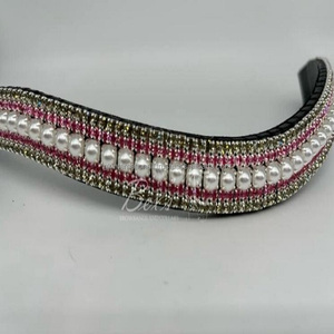 Bandas para cejas de caballo de cuero de vaca de grano superior en cuero de lujo con acabado negro, 5 filas de perlas y cristales multicolores, banda para cejas con brida ostentosa - Product Image 2