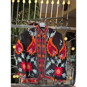 Chaqueta Bomber Vintage Ecológica de Terciopelo Tejido a Mano con Bordado, Cuello Mandarín, Manga Larga, Estampado Floral, Corta para Mujer - Product Image 1
