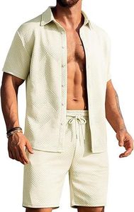 Ensemble deux pièces pour homme, chemise à manches courtes et short, style décontracté, en velours tricoté uni, pour les vacances, 100% coton - Product Image 2