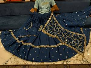 Ensemble Lehenga Choli indien traditionnel bleu en coton brodé, longueur ras du sol, coupe classique, pour femme, tenue de mariage, anti-humidité - Product Image 5