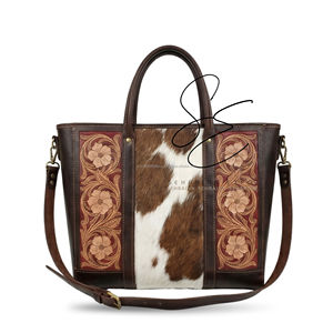 Bolso Tote de Cuero Vacuno Marrón con Diseño Floral Rojo, Hecho a Mano, de Cuero Genuino, con Asa Superior, Bolso Cruzado de Viaje para Mujer - Product Image 1