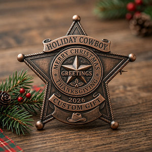Badge étoile de cowboy personnalisé |   Épinglette métallique occidentale pour cadeau de Noël — Alliage de zinc finition antique faible MOQ - Product Image 1