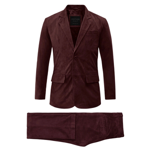 Traje de Dos Piezas de Gamuza Borgoña para Hombre, Marca Leather Cult, Blazer de Solapa con Muescas y Cierre de un Solo Botón - Product Image 6
