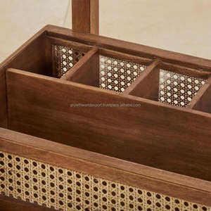 Chariot de bar à 2 niveaux en rotin et bois massif moderne avec roulettes, chariot de service roulant au design tendance - Product Image 6