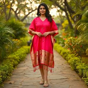 VASTRA COTTAGE Soft Silk Zari Woven Dress Polka Motifs Meenakari Broad Border Tassels Free Size Designer Kaftan Dress - Product Image 5