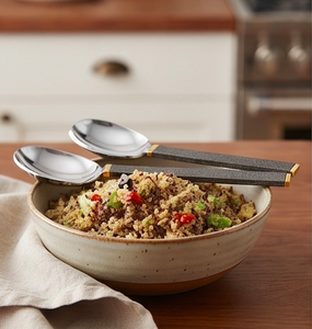 Stainless Steel Serving <b>Spoon</b> And Fork Set With Black Textured Handles And <b>Gold</b> Accents Minimalist Design For Catering Use - Product Image 4