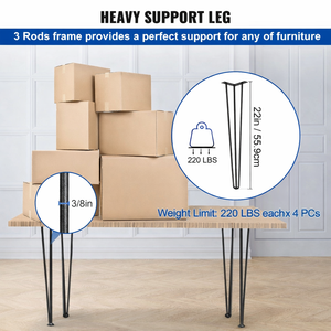 22" Metal Hairpin <b>Table</b> Legs 3 Robs 4pcs 880lbs Load Capacity Black Heavy Duty Stainless Steel Modern DIY <b>Dining</b> <b>Desk</b> EDPTBL023 - Product Image 3