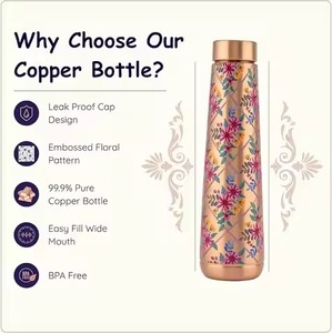 Floral Embossed Safe-Stand Rubber Bottom Pure Copper Bottle <b>Wave</b> Texture Travel-Friendly Water Vessel - Product Image 1