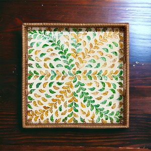 Juego de bandejas de ratán de lujo tejidas a mano con incrustaciones de concha natural MOP para servir en Majlis árabe, Ramadán, Eid y decoración del hogar - Product Image 3
