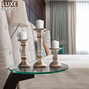 Juego de 3 Portavelas de Madera de Mango Tallada a Mano, Acabado Blanqueado, Soportes Decorativos para Velas de Estilo Boho - Product Image 4