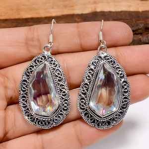 Mystic Fire <b>Quartz</b> Silver Dangle Earrings Vintage Style 925 Sterling Silver Bohemian Handmade Jewelry Gift - Product Image 1