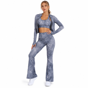 Tie Dye <b>Yoga</b> Set <b>Women</b> Racerback Crop Top High Waist Flare Leggings 3 Piece Breathable Crop Jacket Spandex Polyester Flare <b>Pant</b> - Product Image 3