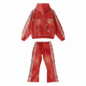 <b>Red</b> Hooded Tracksuit Set Rhinestone Stripes <b>Glitter</b> Print Logo Unisex Casual Full Length Drawstring Closure Windproof - Product Image 5