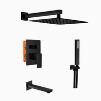 Ensemble de robinetterie de douche murale noir mat avec pommeau de douche pluie, douchette à main, bec de baignoire pliable et mitigeur à poignée unique avec cartouche céramique