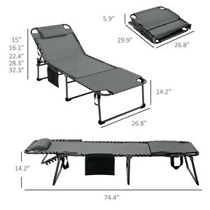 Sedia a Sdraio Pieghevole a 5 Livelli di Reclinazione con Foro per la Lettura, Tasca Laterale e Poggiatesta, Comoda Sedia da Spiaggia Grigia - Product Image 3