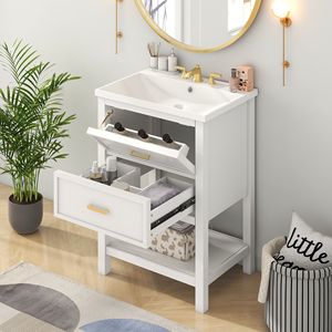 Mobile Bagno Moderno da 24 Pollici con Lavabo Integrato, 2 Cassetti e Armadietto Contenitore, Lavabo Singolo - Product Image 3