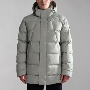 Men's Blue Hooded Long Puffer Jacket Windproof <b>Down</b> Filled Casual Winter Coat with Zipper Closure and Logo on Left Sleeve - Product Image 3