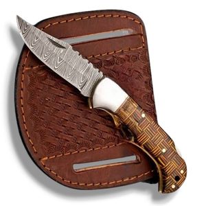Cuchillos Plegables Damasco con Mango Ergonómico y Funda de Cuero, Cuchillos de Bolsillo Portátiles para Caza, Camping, Senderismo y Uso Diario al Aire Libre - Product Image 2