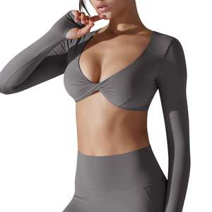 Top Deportivo Corto de Yoga para Mujer, Manga Larga, con Detalle Trenzado en la Parte Delantera, para Gimnasio, Entrenamiento, Fitness, Ropa Deportiva Activa, Venta al Por Mayor Personalizada - Product Image 2