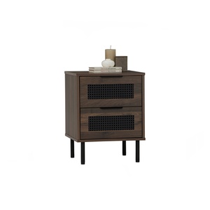 Modern Nordic Walnut Finish 2 Nighstand Drawer Narrow <b>Side</b> <b>Table</b> with Rattan Design and Sturdy Metal Legs for Bedroom and Home - Product Image 3