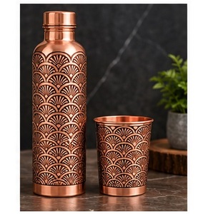 Ensemble de bouteilles d'eau en cuivre sans soudure avec 2 tasses, motif Arbre de Vie, gourde noire avec couvercle - Product Image 6