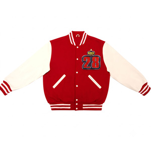 Veste universitaire rouge pour homme avec patch brodé 28 Crown, col rabattu, tenue décontractée pour l'automne - Product Image 1